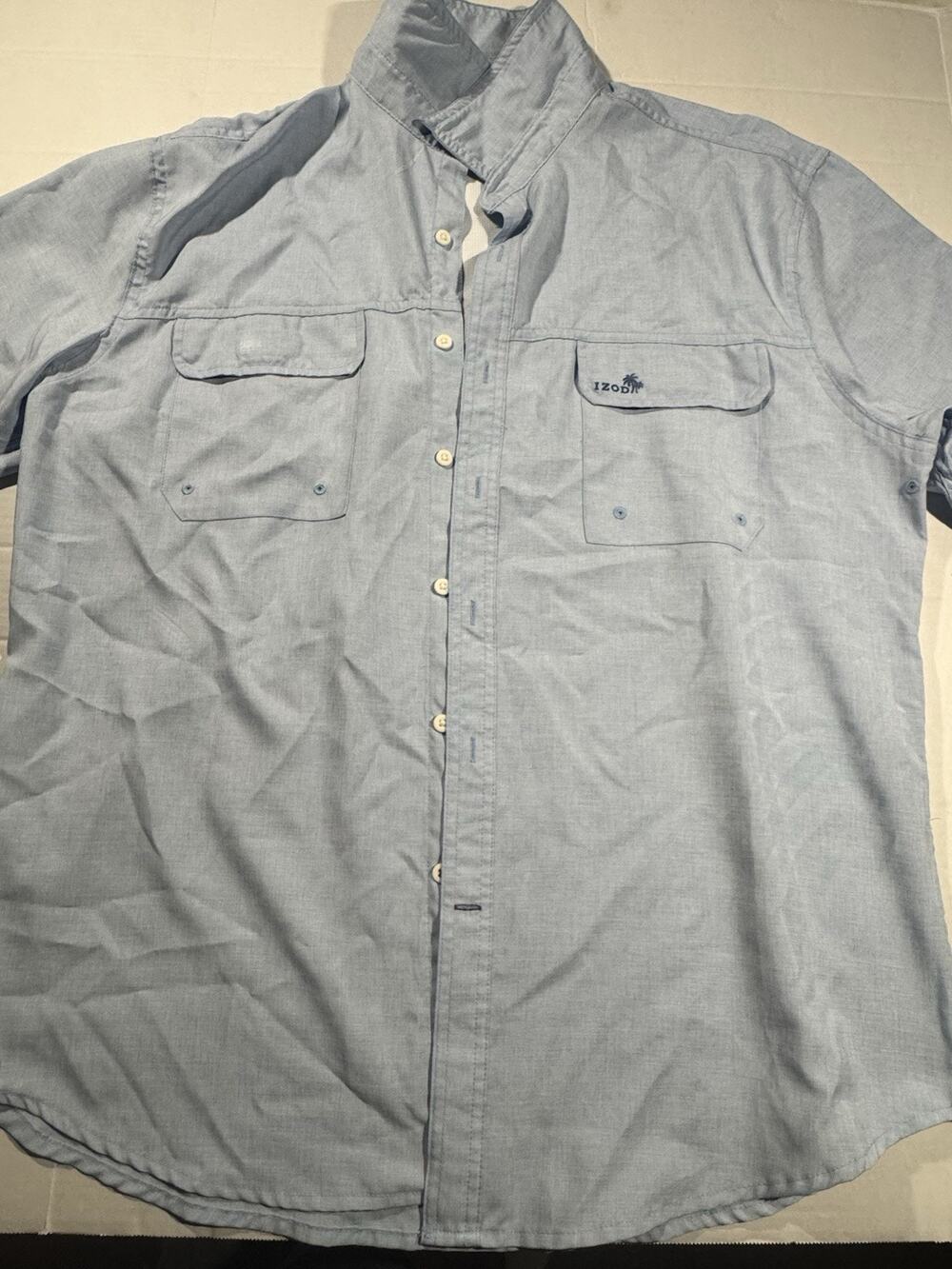 IZOD Saltwater Men's XL Blue Solid Short Sleeve Woven Button-Up Shirt Pockets